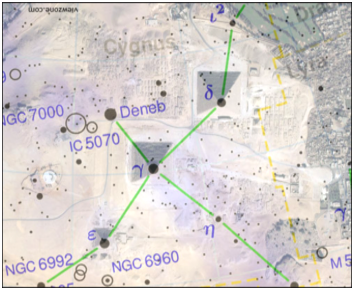 Figure 2A. Map of the pyramids with an overlay of the stars of the constellation Cygnus.