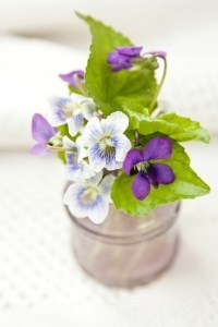 arrangement of violets in an old lavender bottle