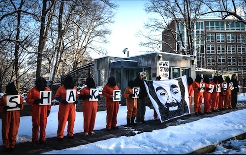 Campaigners with Witness Against Torture show their support for Shaker Aamer in an action outside the British Embassy in Washington D.C. in January 2015.