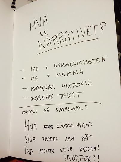 Hva er narrativet? Ida + hemmeligheten, Ida + mamma, morfars historie, morfars tekst: Fordelt på spørsmål: Hva gjorde han? Hva trodde han på? Hva skjedde etter krigen? HVORFOR?!