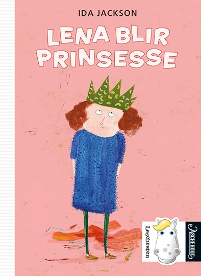 Den rosa forsiden til Lena blir prinsesse, en lettlestbok fra Aschehoug. På forsiden står Lena med grønn makaronikrone på hodet og blå ullkjole og ser misfornøyd ut. 