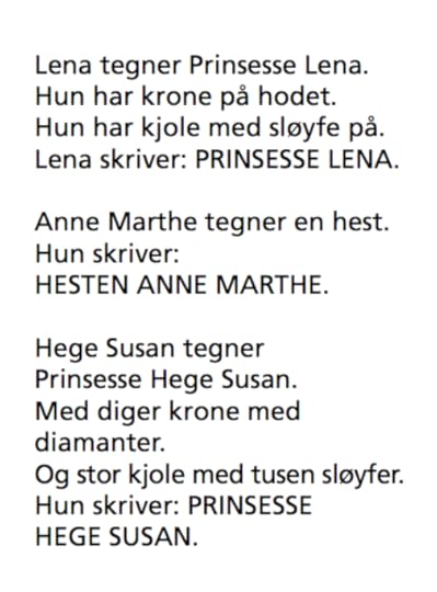 Lena tegner Prinsesse Lena. Hun har krone på hodet. HUn har kjole med sløyfe på. Lena skriver: PRINSESSE LENA. ANne MArthe tegner en hest. Hun skriver: HESTEN ANNE MARTHE. HEge Susan tegner Prinsesse Hege Susan. MEd diger krone og diamanter. Og en stor kjole med tusen sløyfer. Hun skriver: PRINSESSE HEGE SUSAN. 