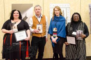 Left to right: me, Rod Duncan, Emmi Itaranta, Jennifer Marie Brissett. Jenn is holding the special citation, I'm holding the PKD. 