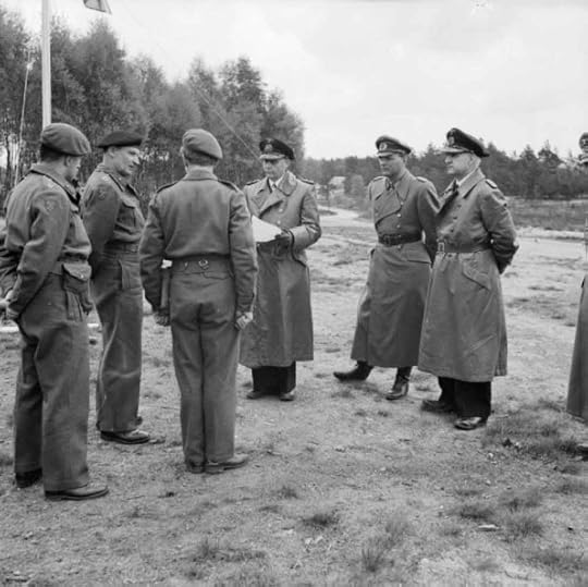 Field Marshal Bernard Montgomery (second from left) greets German delegation (L to R – Adm. von Friedeburg, Gen. Kinzel and Rear Adm. Wagner) on 3 May 1945 at Lüneburg Heath.