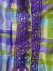 Detail of dress made by living history reenactor Charlie Carter.