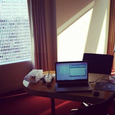 My workspace changes a lot, but my favorite place to write was high above Chicago--writing an article about my book, set in Chicago!