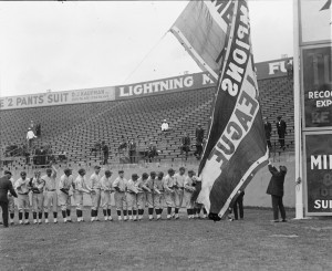 As defending American League champions, Washington Senators players raise the pennant early in the 1925 season. Prints and Photographs Division. 