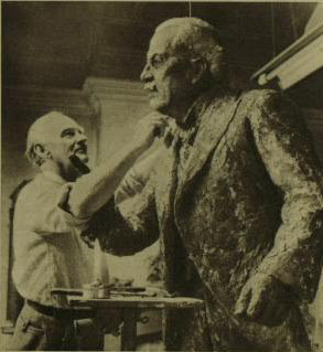 Uli Nimptsch working on the statue of David Lloyd George, 1962