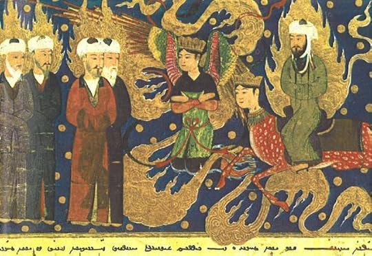 Mohammed (on the right, astride Buraq) and the Angel Gabriel (center) talk with Abraham (left) in Paradise. Persian, 15th century. 