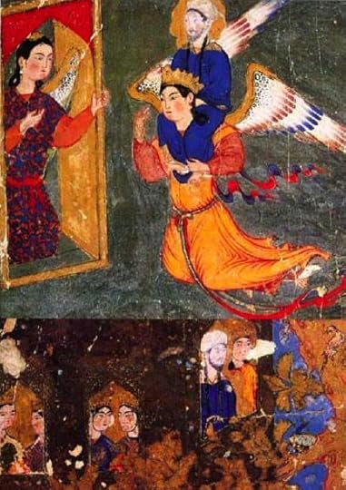 Mohammed borne on Gabriel's shoulders, arriving at the gate of paradise guarded by the angel Ridwan. From the Miraj-name, Tabriz (c. 1360-70). In the Topkapi Palace Library, Istanbul. 