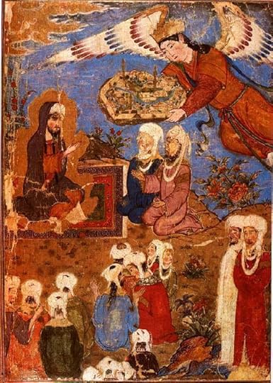 An angel presenting Mohammed (upper left) and his companions with a miniature city. In the Topkapi Palace Library, Istanbul. 