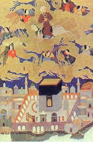 Mohammed flying over Mecca, at the beginning of his 