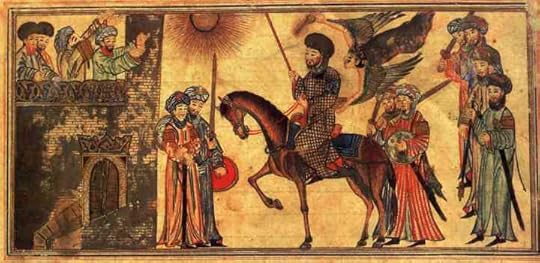 Mohammed (riding the horse) receiving the submission of the Banu Nadir, a Jewish tribe he defeated at Medina. From the Jami'al-Tawarikh, dated 1314-5. In the Nour Foundation's Nasser D. Khalili Collection of Islamic Art, London.