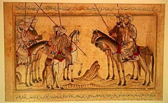 Mohammed exhorting his family before the battle of Badr. It is not immediately apparent which figure in this drawing is Mohammed. From the Jami'al-Tawarikh, dated 1314-5. In the Nour Foundation's Nasser D. Khalili Collection of Islamic Art, London. 