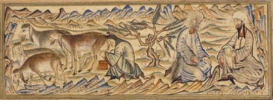 Mohammed (on the far right) and Abu Bakr on their way to Medina while a woman milks a herd of goats. Miniature illustration on vellum from the book Jami' al-Tawarikh (literally 