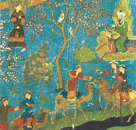 Mohammed (upper right) visiting Paradise while riding Buraq, accompanied by the Angel Gabriel (upper left). Below them, riding camels, are some of the fabled houris of Paradise -- the 