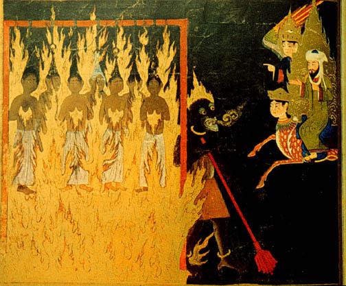 Mohammed, along with Buraq and Gabriel, visit Hell, and see a demon punishing 
