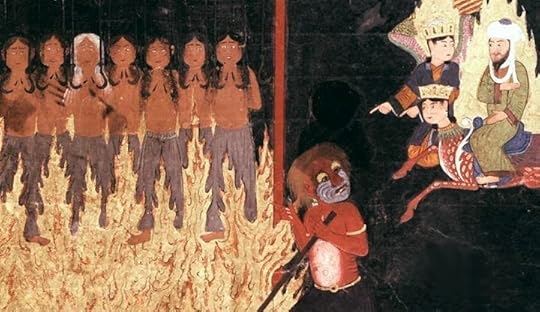 Further on, Mohammed sees a red demon that is torturing women by hanging them up by hooks through their breasts, as they are engulfed in flames. The women are being punished for giving birth to illegitimate children whom they falsely claimed were fathered by their husbands. Persian, 15th century. 