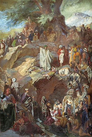 This Russian painting from 1840-1850 shows prophet Muhammad preaching. The artist is Grigory Gagarin.