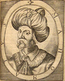 This gravure of Mohammed can be found in Alexander Ross's Pahsebeia, or A View of all Religions in the World, a book from 1683. It should be noted that these clothes were not known in the Arabic peninsula during that period and thus the image is not correct.