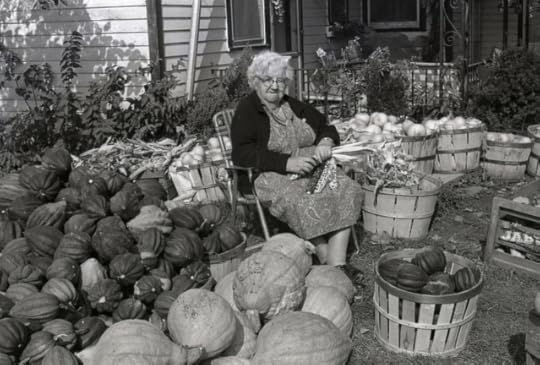  Photographic negative. Dante Tranquille. Farm harvest. Image is of a mature adult woman sitting in a lawn chair holding flint corn. She is sitting among baskets and piles of produce such as acorn squash, corn and butternut squash. Behind her is a house. 