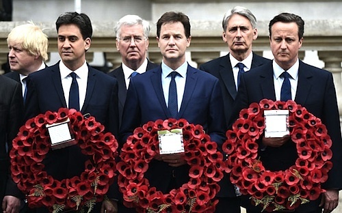 Ed Miliband, Nick Clegg and David Cameron at the Cenotaph on May 8 for a VE Day memorial, marking the 70th anniversary of the end of the Second World War. To my mind, it actually looks like they're commemorating the death of the UK - apppropriately, given the Tories' plans for the next five years (Photo: AFP). 