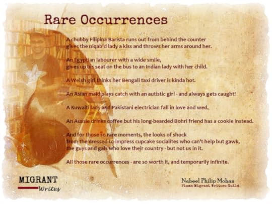 “RARE OCCURRENCES” BY NABEEL PHILIP MOHAN. MIGRANT WRITES, Q8 BOOKS, MAR. 14.