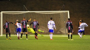Ottawa's Romuald Peiser stops the penalty from FCE's Lance Laing. PHOTO: OTTAWA FURY/STEVE KINGSMAN