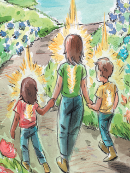 The Teacher and children walk with inner lights glowing