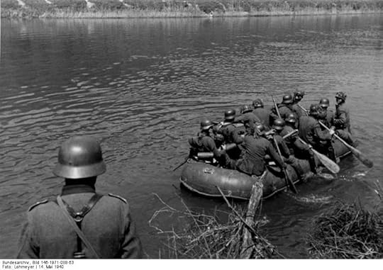 German troops crossing the Meuse River in a rubber raft, near Aiglemont, France, 14 May 1940 (German Federal Archive, Bild 146-1971-088-63)