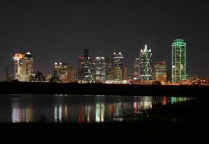 a shot of downtown dallas texas at night.