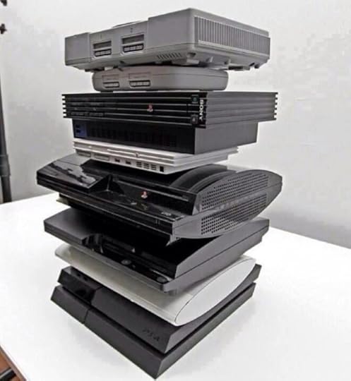 Think of all the entertainment value this stack of old games consoles contains.