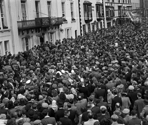 Crowds wait at Camborne for Loveday Jenkin to speak