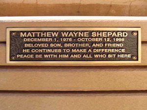 This plaque on a UW park bench is the sole memorial to Matthew Shepard currently in Laramie, Wyoming.