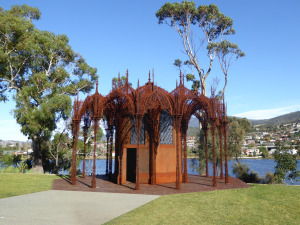 MONA: the chapel. The stain glass windows of skeletal sexual positions were interesting!
