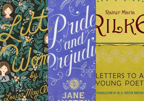 Book covers: Little Women, Pride and Prejudice, Letters to a Young Poet