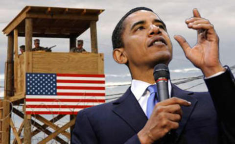 A collaged image of President Obama and a guard tower at Guantanamo.