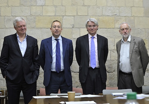 The British Parliamentary delegation, at a briefing yesterday (May 18) prior to their departure for the US, to raise Shaker's case with the U.S. authorities. From L to R: MPs David Davis, Andy Slaughter, Andrew Mitchell and Jeremy Corbyn. (Photo by Stefano Massimo).