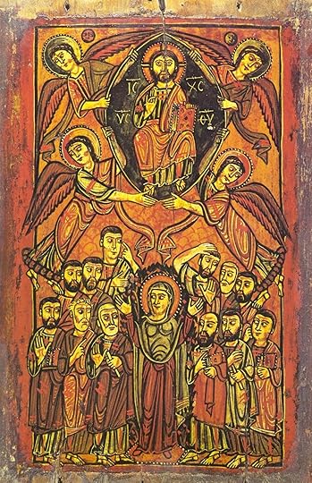 Icon of Ascension Day, showing Christ enthroned in glory above with the apostles and Mother of God below. The Ascension icon can also be viewed as an image of Christ coming at the end of time to judge the world.