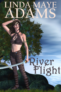 Cover for River Flight, showing a woman warrior standing on a cliff overlooking water.