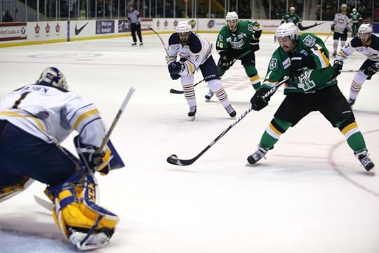 Grant Valiquette about to score the game's first goal (Photo by Bruce Fedyck)