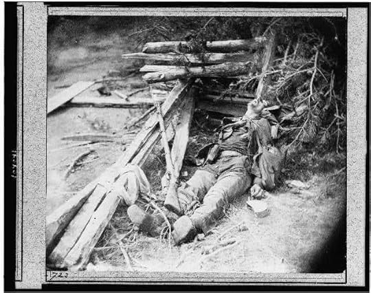 Dead Confederate soldier as he lay on the field, after the battle of the 19th May, near Mrs. Allsop's, Pine Forest, 3 miles from Spottsylvania. Timothy H. O'Sullivan, photographer. Library of Congress. 