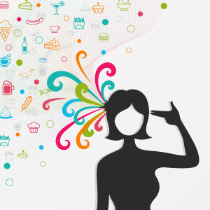 A silhouette woman's head explodes with lots of food and candy w