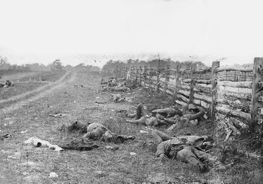 “Photograph taken by Alexander Gardner of the field at Antietam, American Civil War. Confederate dead by a fence at the Hagerstown Turnpike, looking north.” (1 Sep 1862) Source: Library of Congress. Public Domain. Note: Coincidentally, fighting with the Union forces that same day was George Washington Whitman, Walt Whitman’s brother.