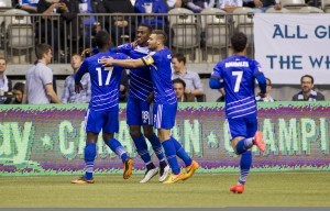 The Eddies celebrate Tomi Ameobi's opening goal. PHOTO: CANADA SOCCER