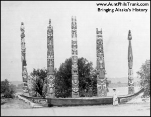 Chief Saanaheit from the Kaigani Haida village of Kasaan on Prince of Wales Island donated these totem poles and a canoe to Gov. John Brady for a display at the 1904 Louisiana Purchase Exposition in St. Louis.