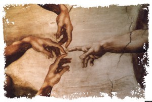 USA - 1997: Hiram Henriquez color illustration of hand of God reaching to touch three human hands. Can be used with stories about cloning. (The Miami Herald/MCT via Getty Images)