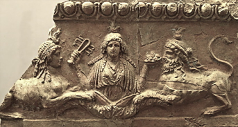 Isis with sistrum and bowl of fruit between female and male sphinxes, from the temple of Palatine Apollo