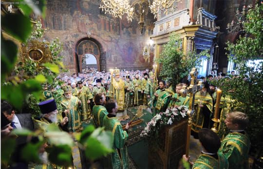 This celebration of Pentecost in Moscow shows the green vestments and the green branches decorating the church.