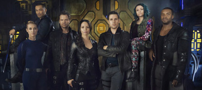 DARK MATTER -- Season:1 -- Pictured: (l-r) Zoie Palmer as The Adroid, Alex Mallari Jr. as Four, Anthony Lemke as Three, Melissa O'Neil as Two, Mark Bendavid as One, Jodelle Ferland as Five, Roger Cross as Six -- (Photo by: Dennys/Ilic/Syfy)
